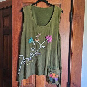 Boho Embroidered Asymetric Tank Top Sz L